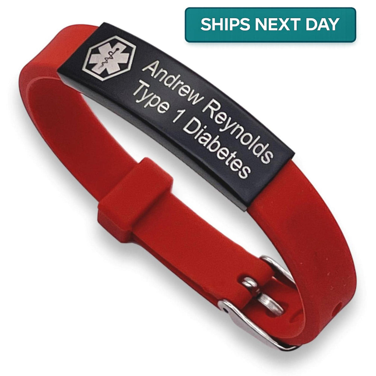 Red Silicone Medical ID Bracelet with Black Plate