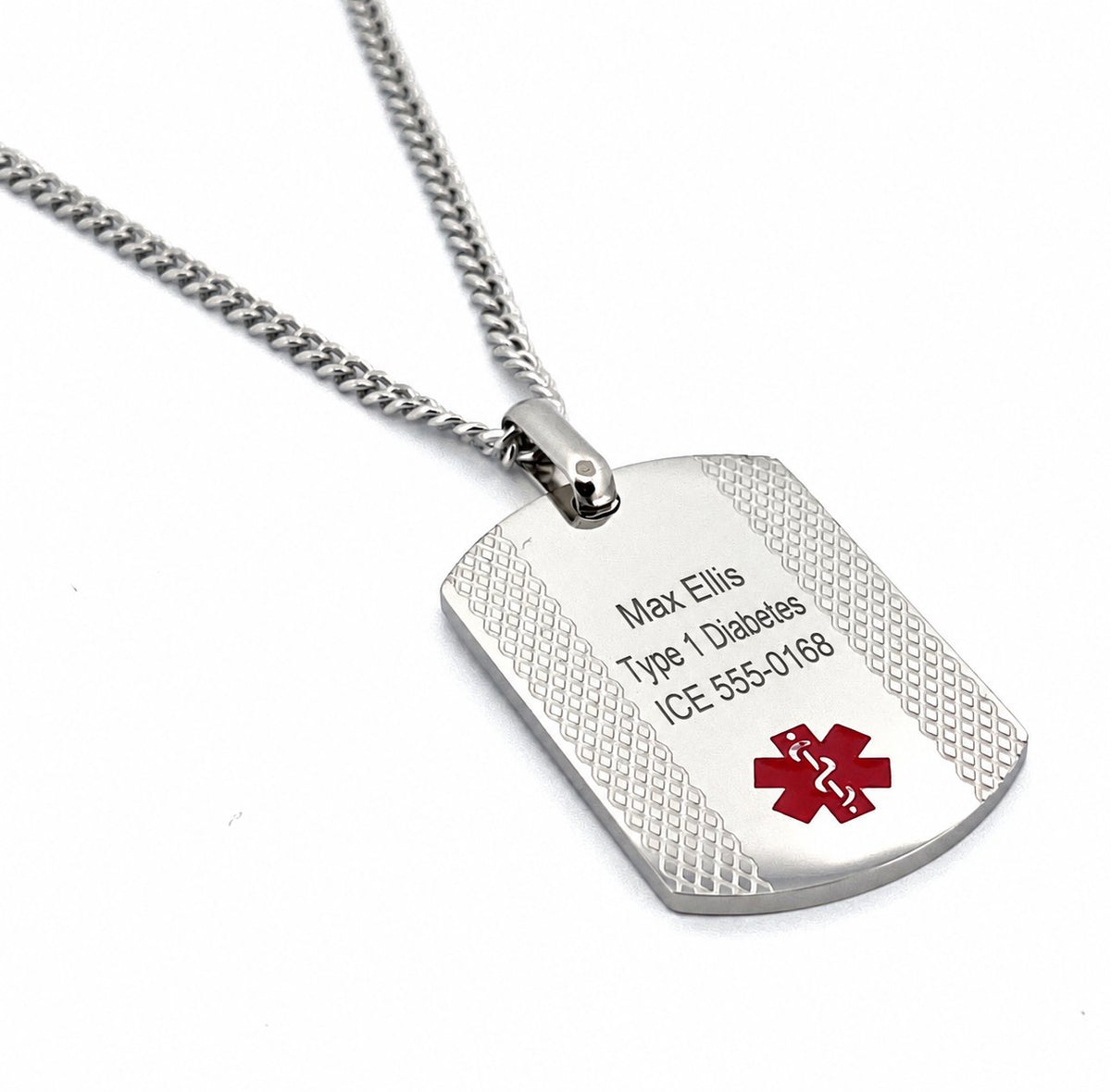 Personalized Medical Alert Necklace - Stainless Steel Dog Tag Pendant and 23" Chain with sample engraving
