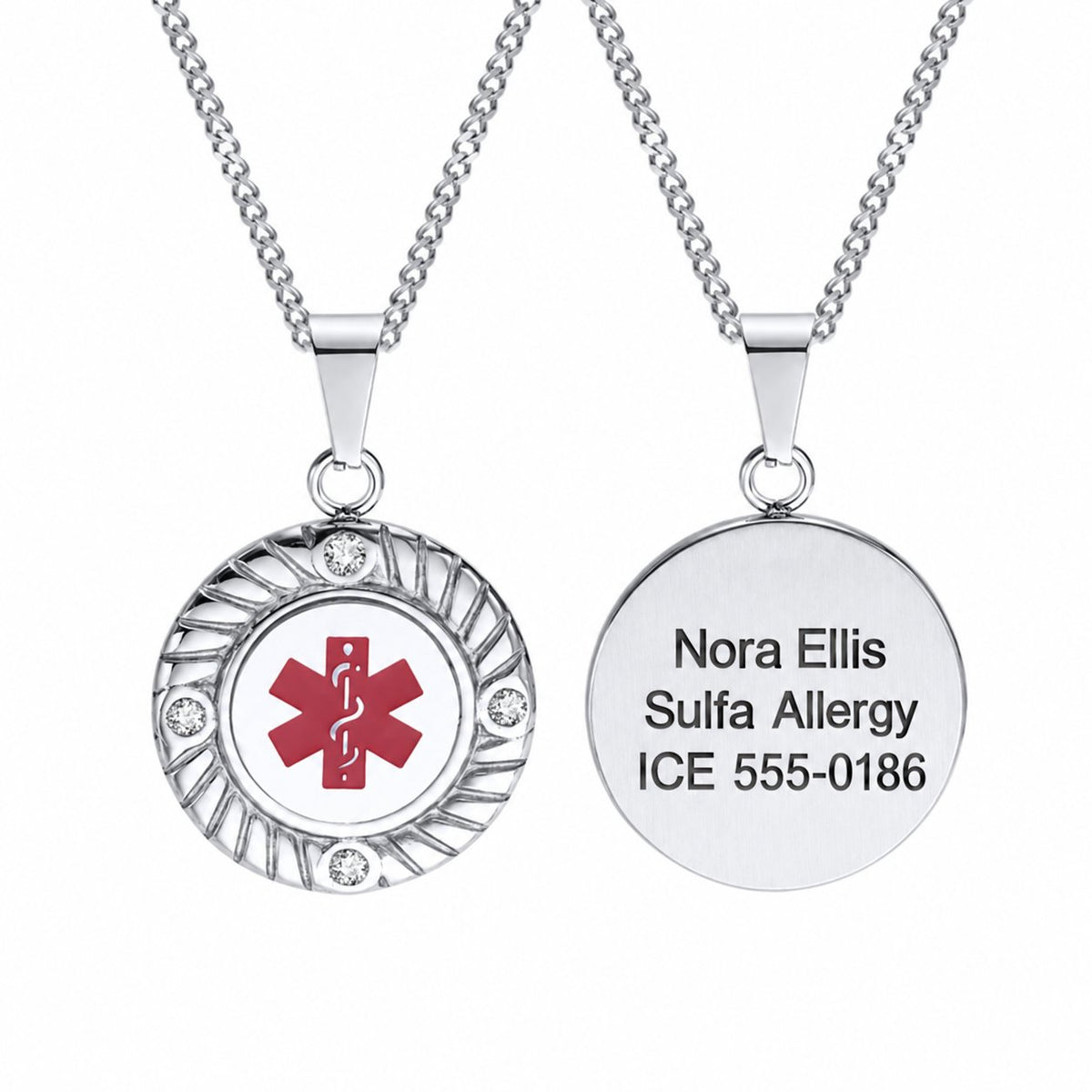 Personalized Stainless Steel Round Medical ID Pendant Necklace — original front and sample engraving on the reverse