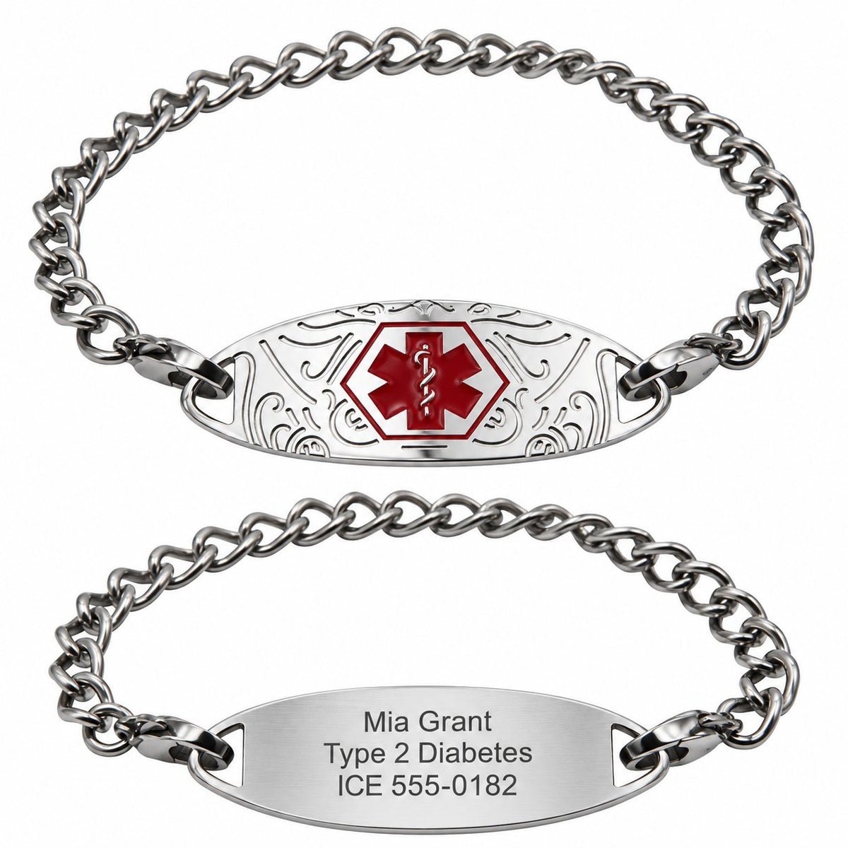 Personalized Quality Medical Alert ID Bracelet - Free Engraving with sample reverse engraving