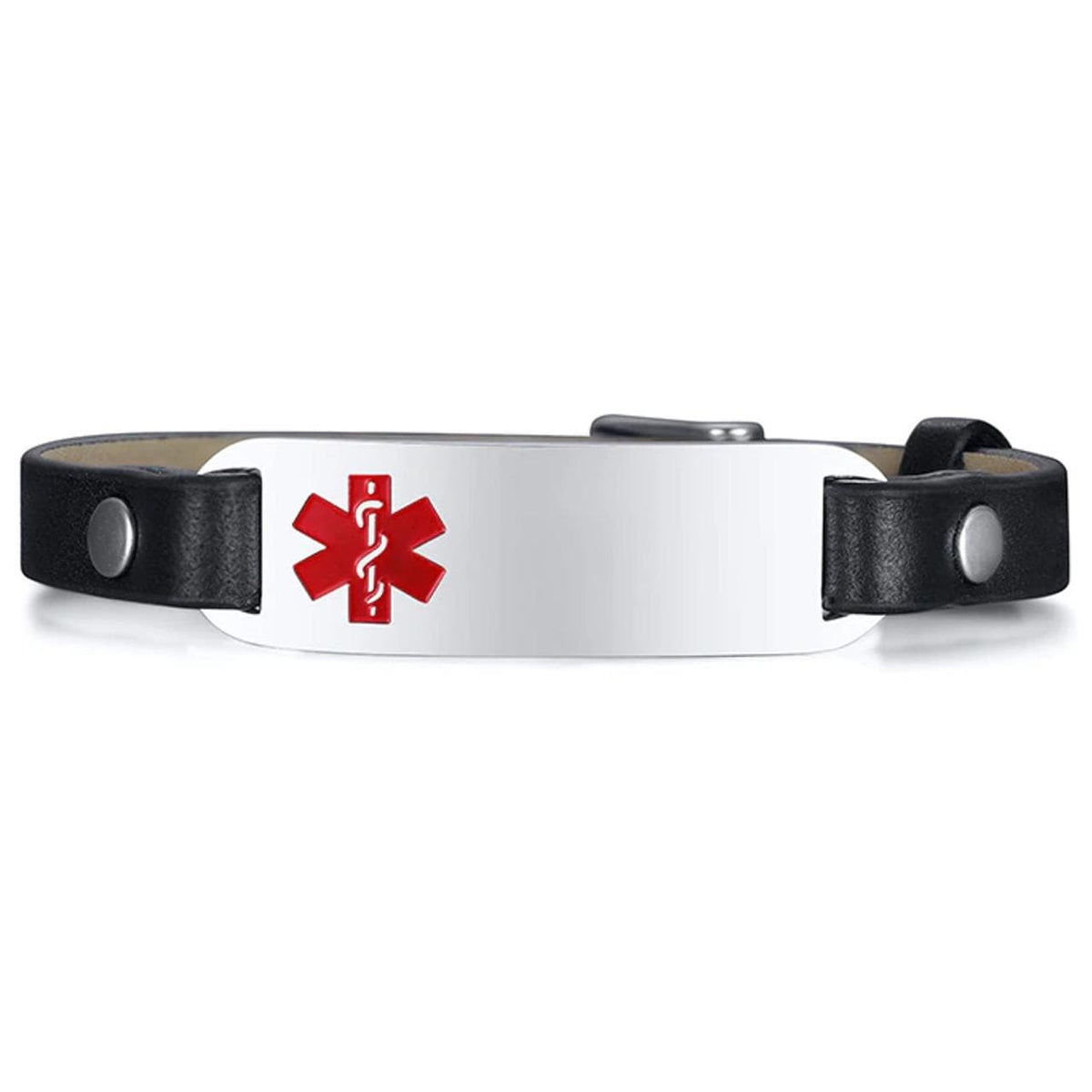 Slim Black Leather Medical ID Bracelet