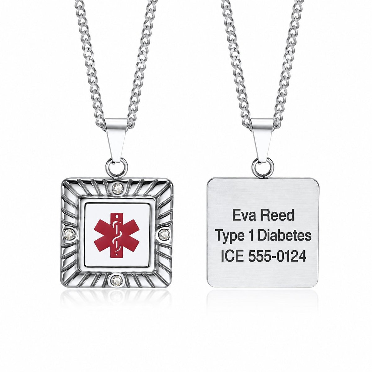 USMedID MT256R necklace showing front design and a sample engraving on the back