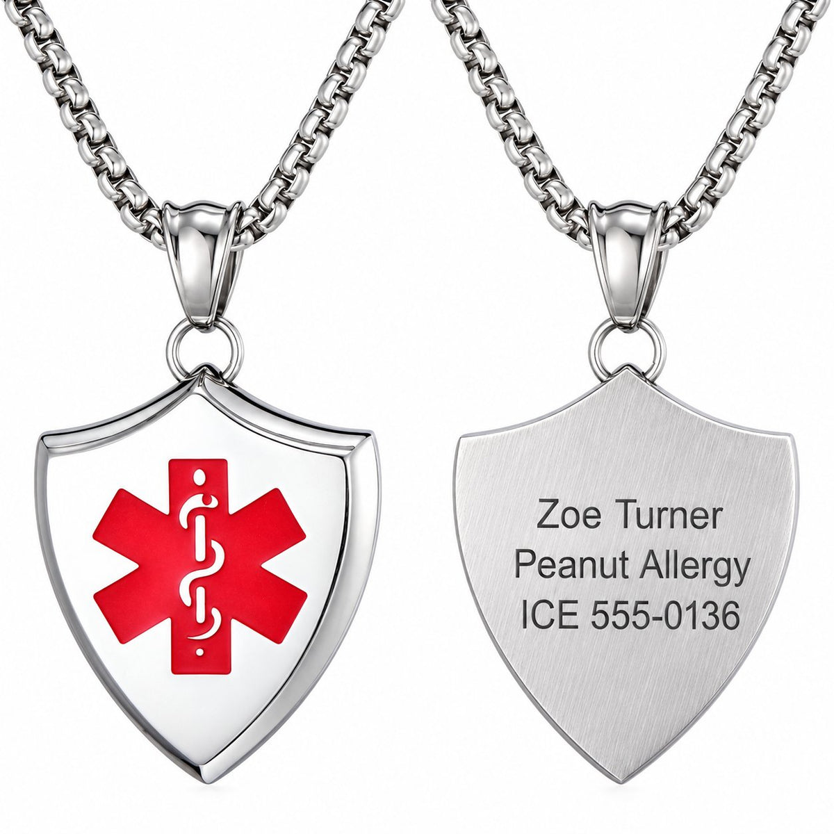 MT2240 shield medical alert necklace, original front beside reverse with sample personalized engraving