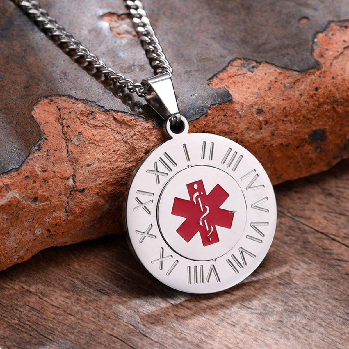 Round Roman Numeral Medical ID Necklace