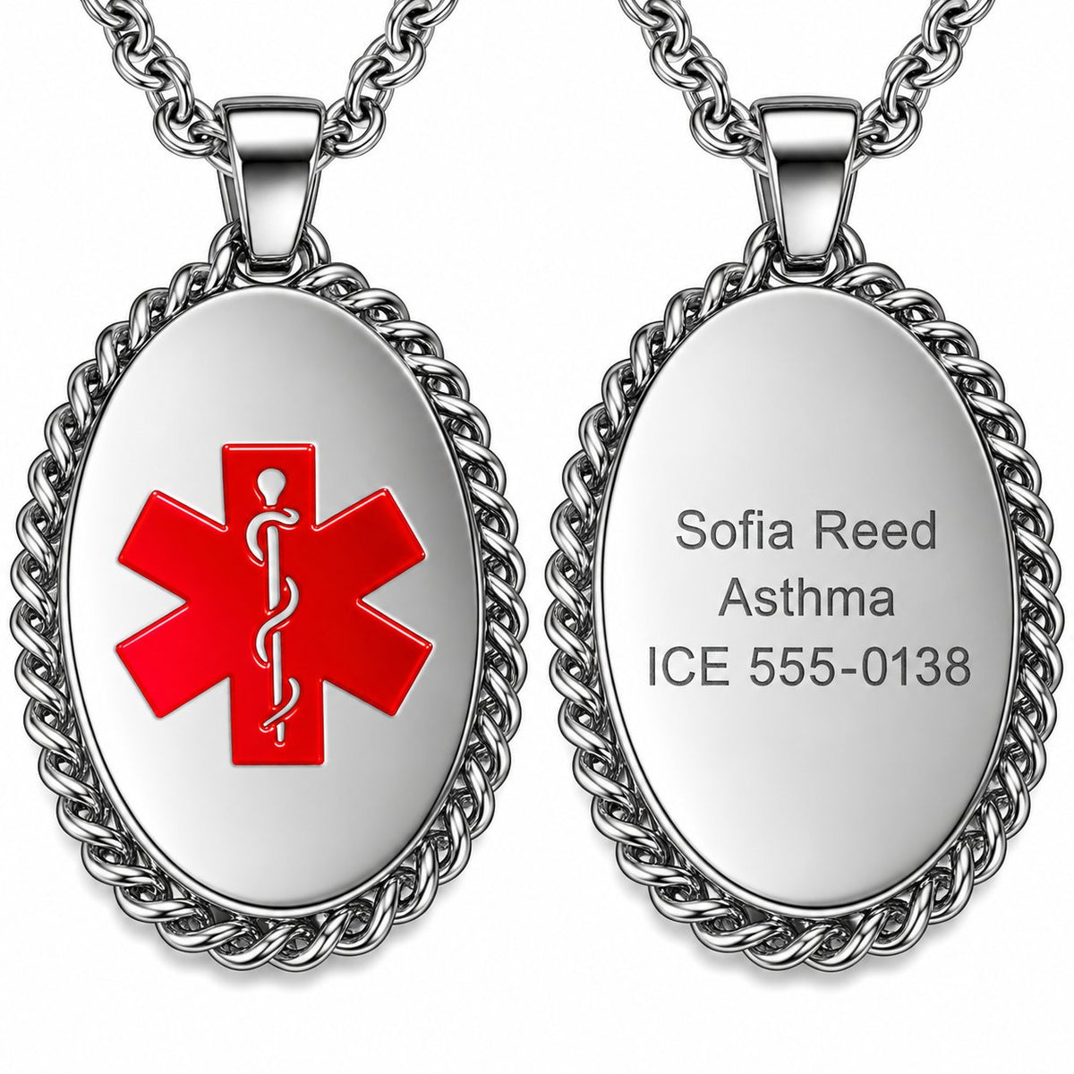 Personalized Stainless Steel Medical Alert Oval Charm Pendant Necklace with sample engraving