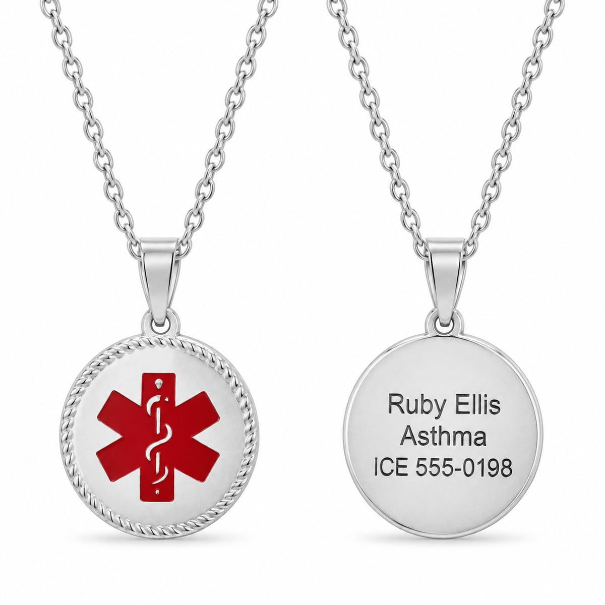 Personalized Stainless Steel Round Medical Alert Necklace – Choice of Red or Blue Symbol — sample personalized engraving on the reverse