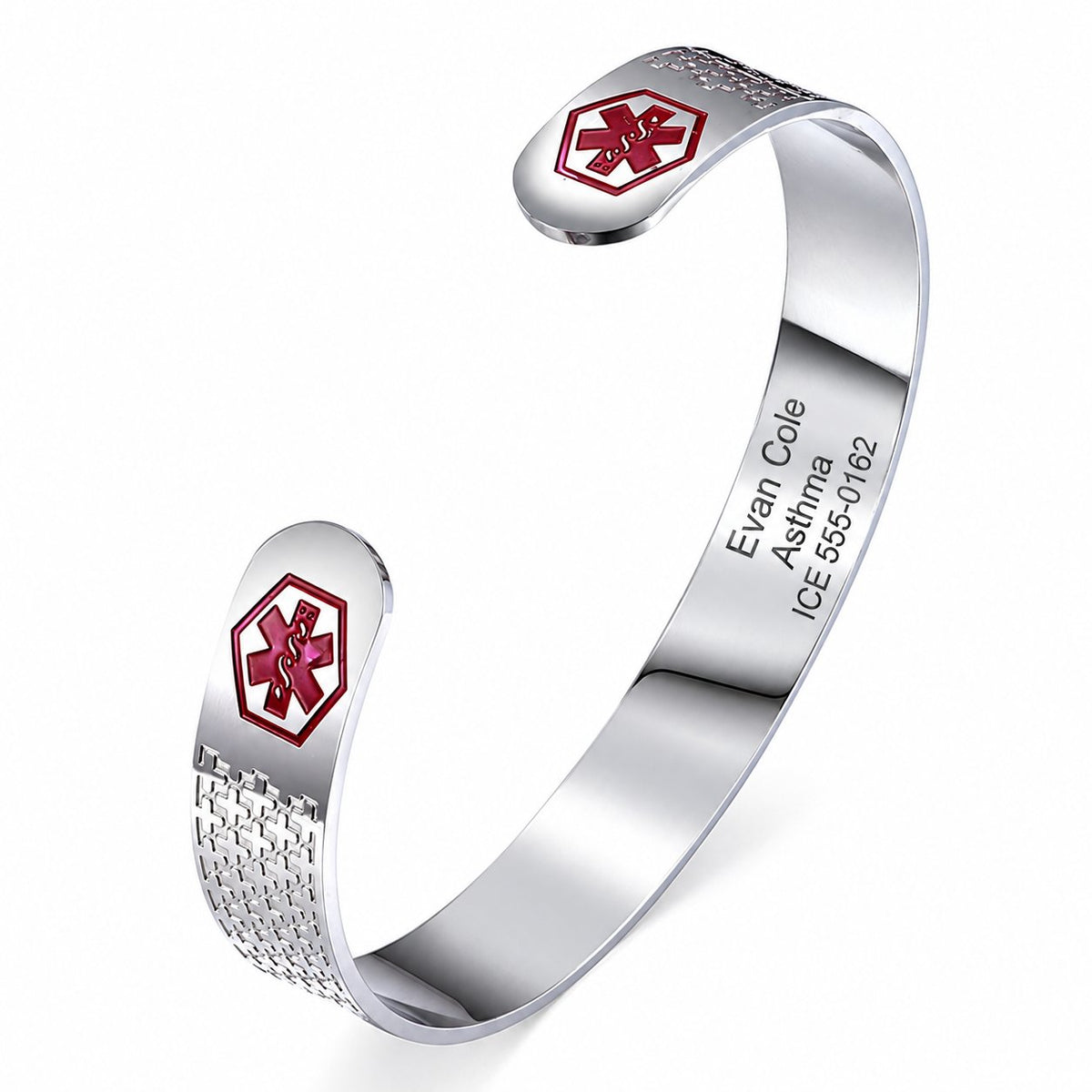 Personalized Open Cuff Medical ID Bracelet – Engraving Up to 5 Lines with sample reverse engraving
