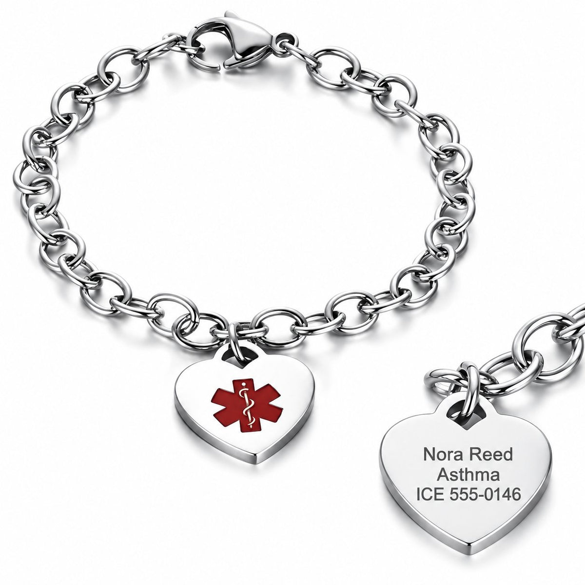Free Engraving - Quality Stainless Steel Medical ID Bracelet with Heart Charm with sample reverse engraving