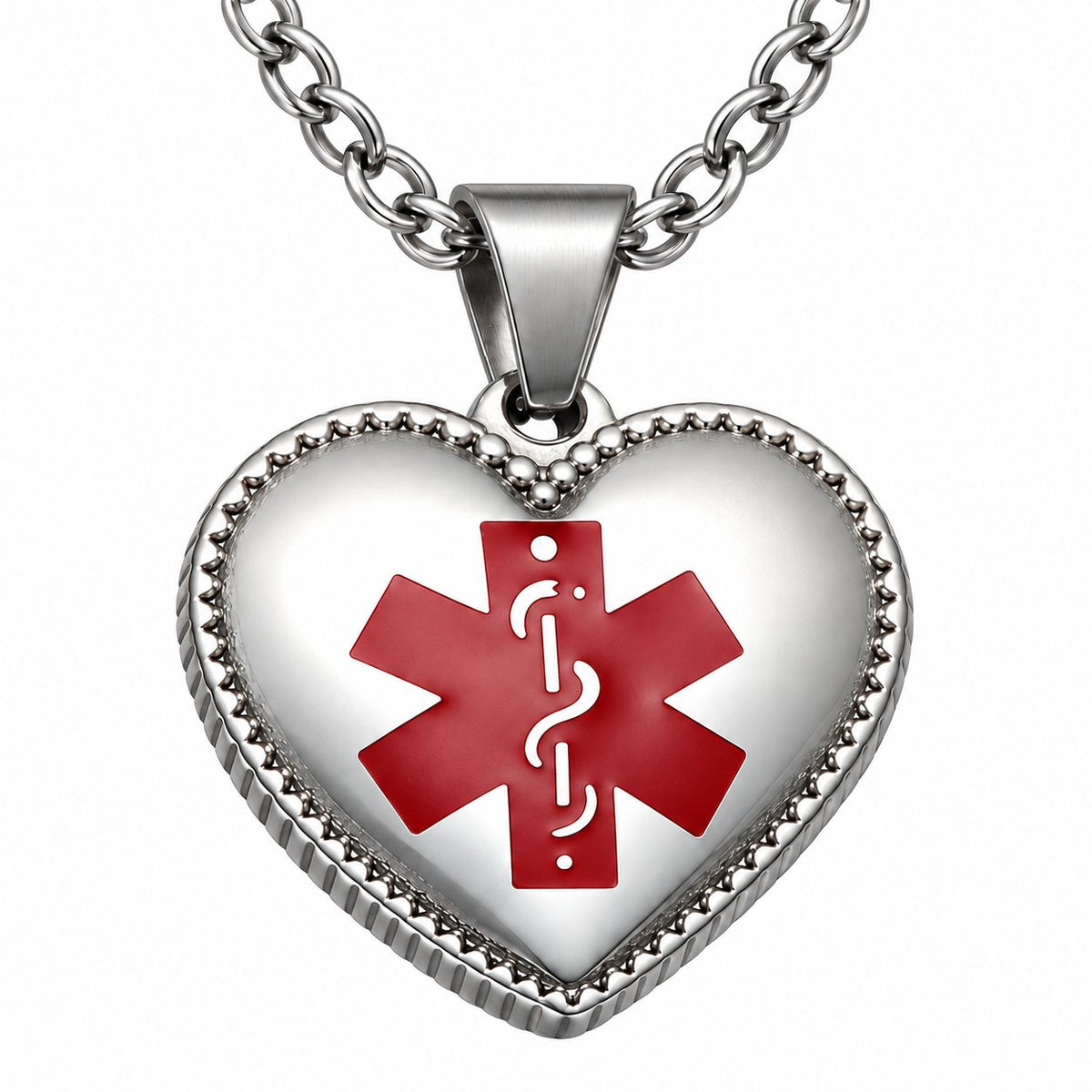 MT2869 silver beaded heart medical alert pendant, original front with red medical emblem
