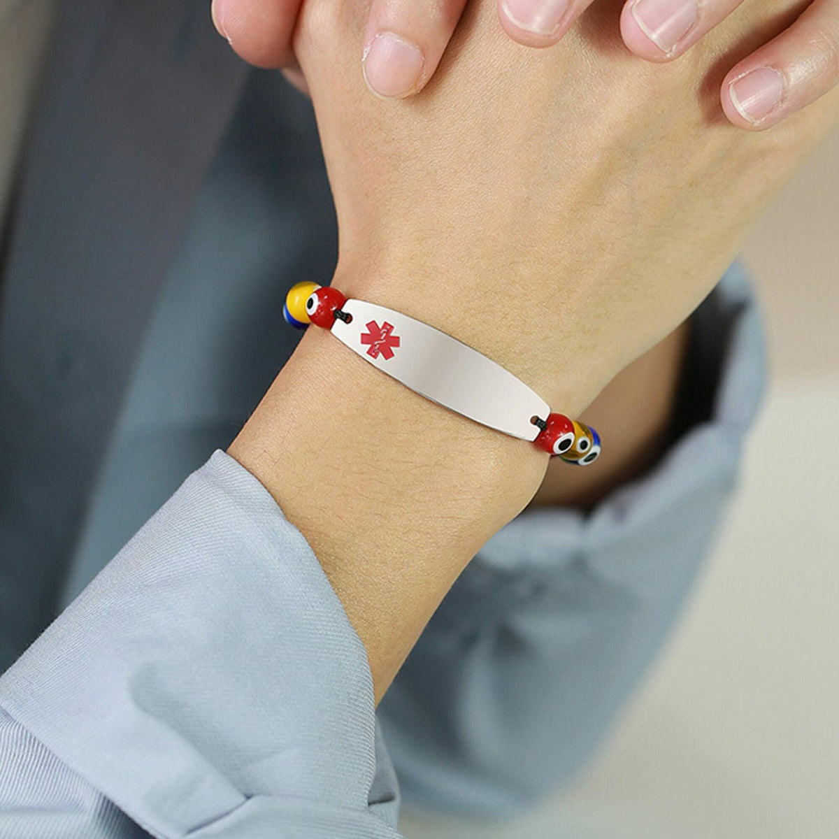 Rainbow Evil Eye Bead Medical ID Bracelet