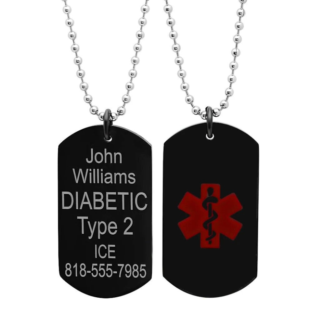 Black Dog Tag Medical ID Necklace with Bead Chain