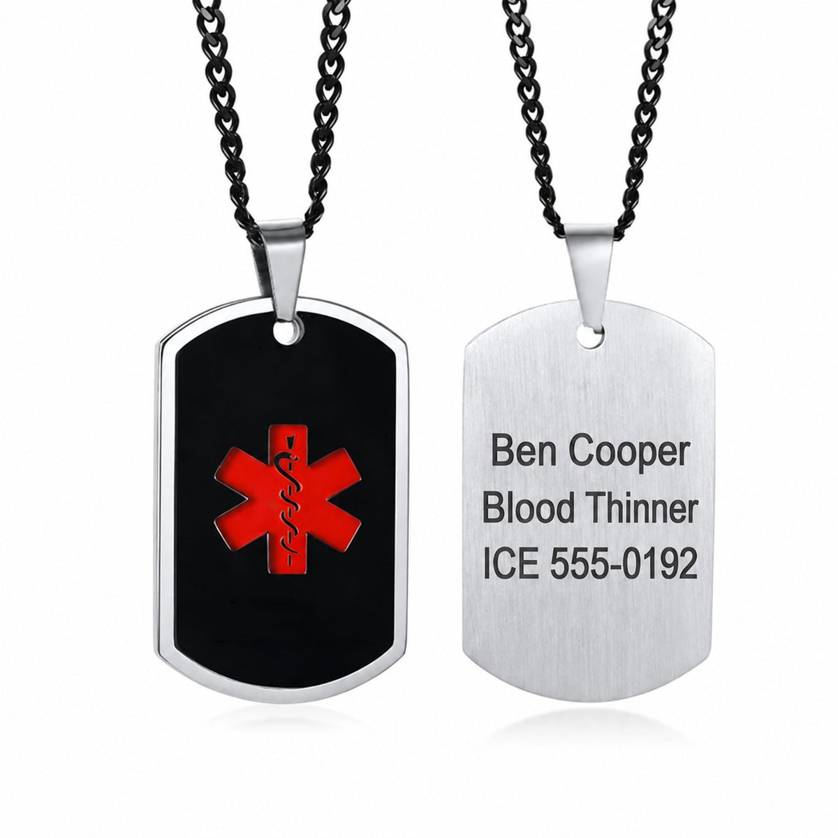 Personalized Black Stainless Steel Medical ID Dog Tag Necklace – Free Engraving, 24" Adjustable Chain — original front and sample engraving on the reverse