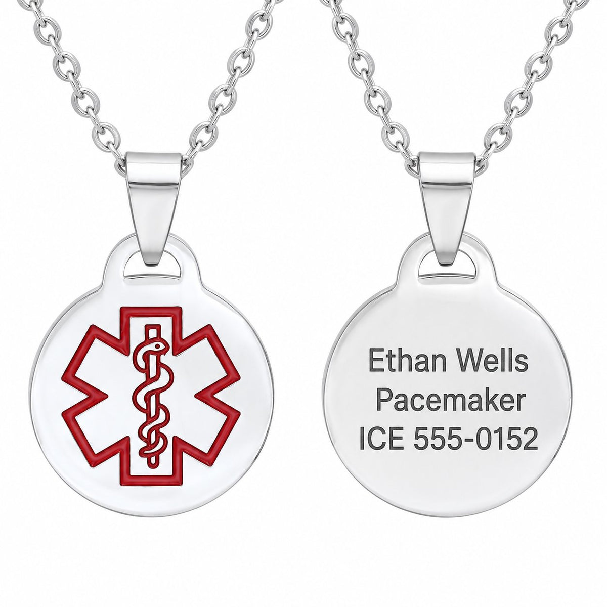 Personalized Stainless Steel Round Medical Alert Pendant Necklace with Engraving — sample personalized engraving on the reverse