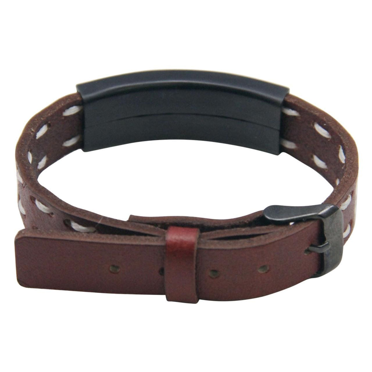 Brown Leather Medical ID Bracelet with Black Plate