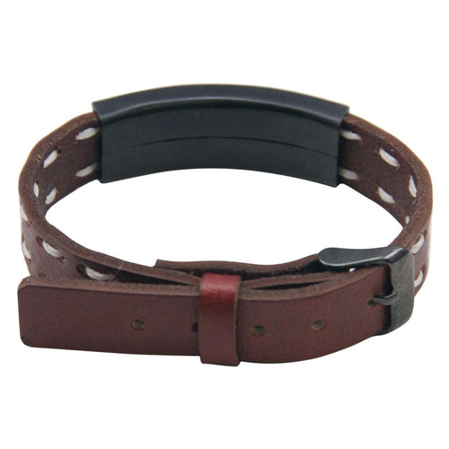 Brown Leather Medical ID Bracelet with Black Plate