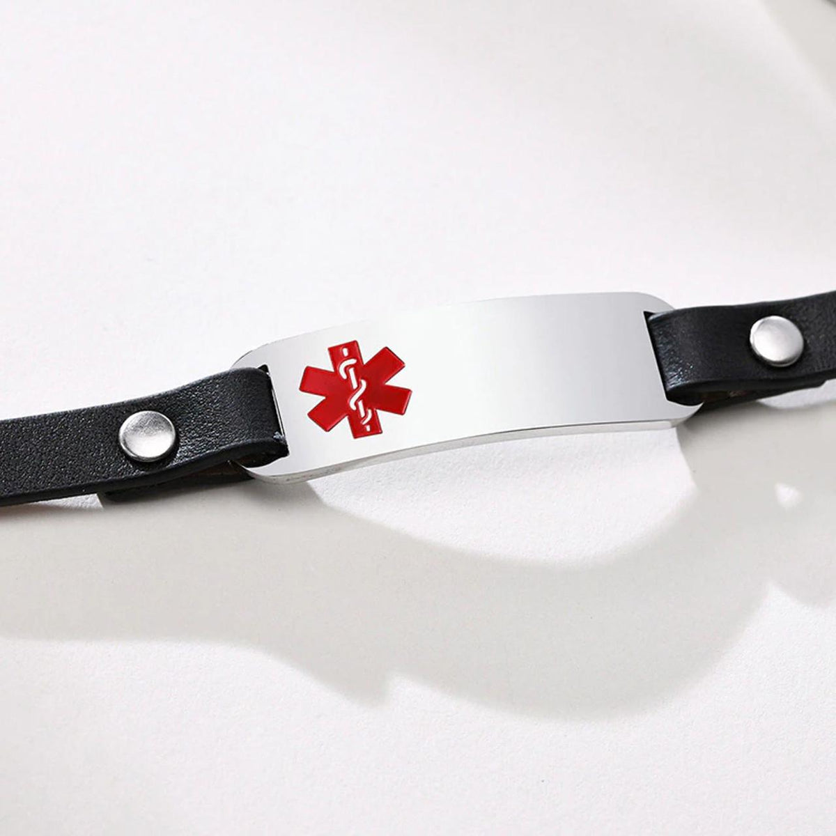 Slim Black Leather Medical ID Bracelet