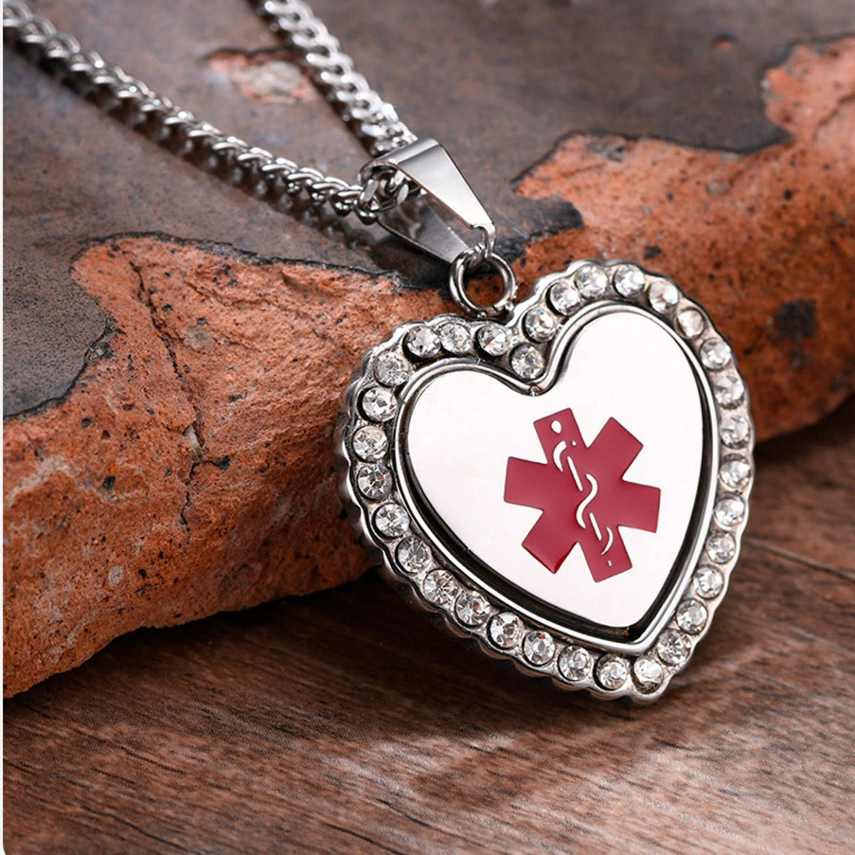 Crystal Border Heart Medical ID Necklace