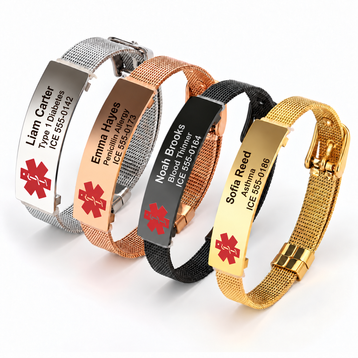 Four mesh medical ID bracelets in silver, rose gold, black and gold, each with different centered lengthwise sample engraving and a larger name.