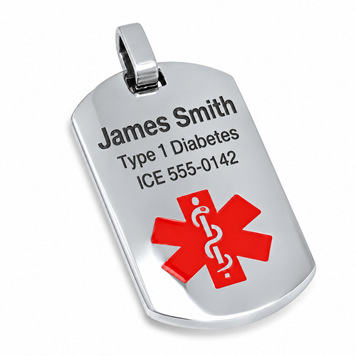 Silver medical ID dog tag with a premium laser engraving example and red medical symbol