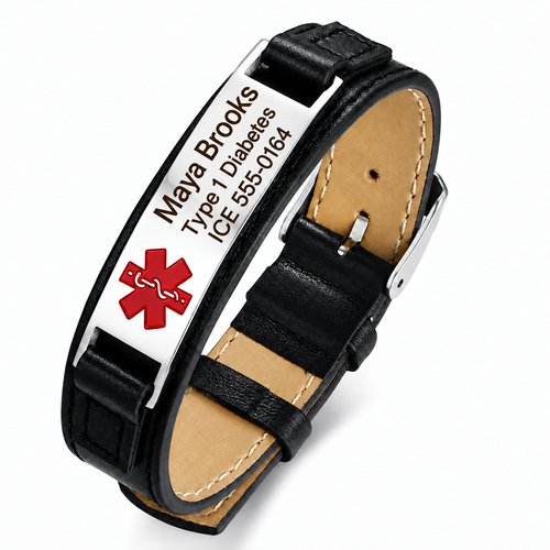 Black leather medical ID bracelet with centered lengthwise sample engraving and a larger name on the silver plate.