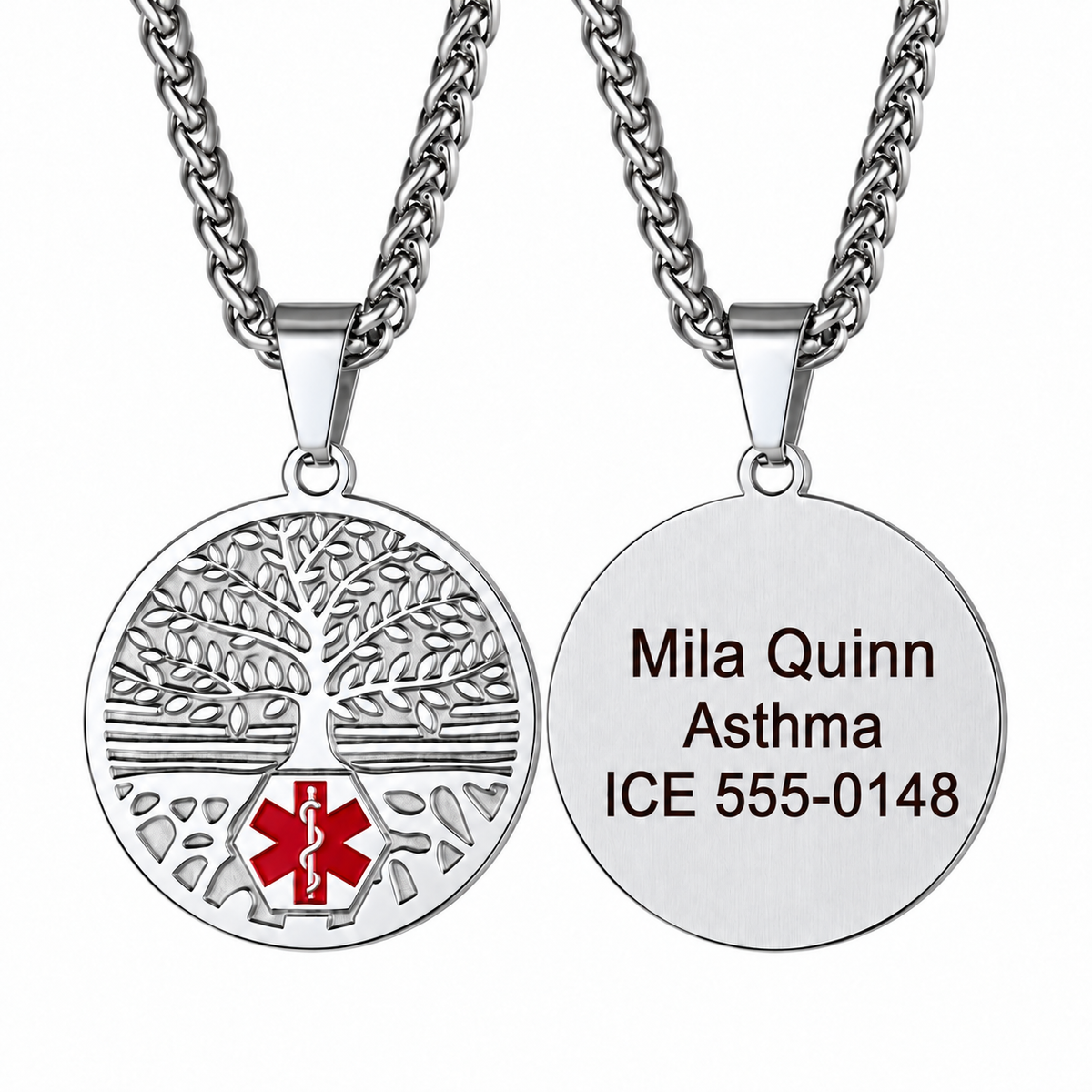 USMedID FGMEDN12 silver Tree of Life medical necklace with front design and dark brownish black back engraving example