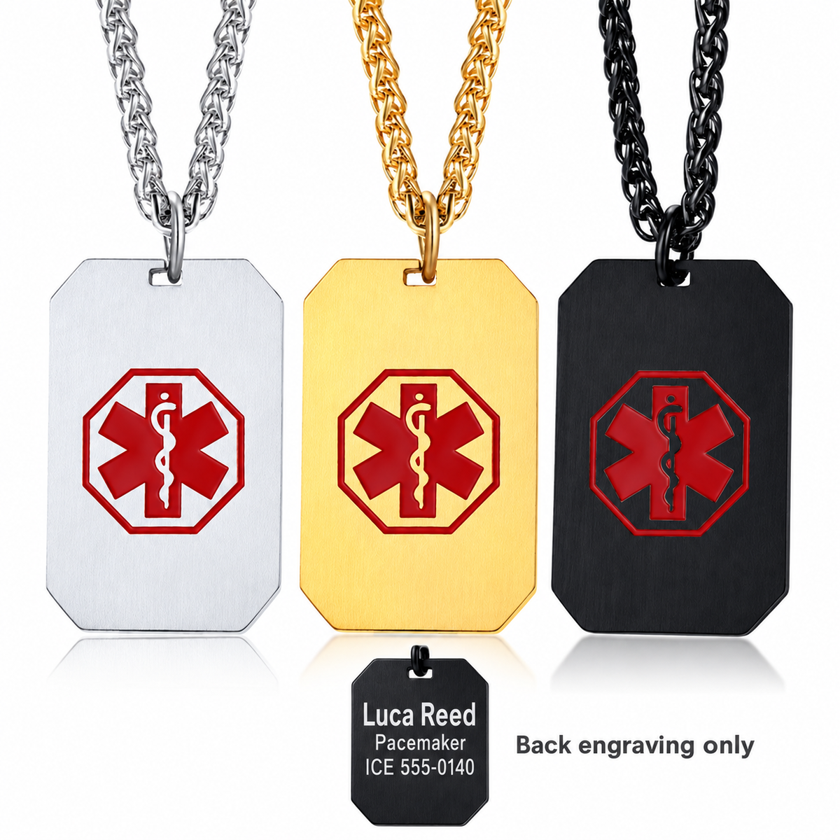 FGMIPN15 medical ID necklaces in silver, gold and black with unengraved medical-symbol fronts and a separate black pendant back showing sample engraving; engraving is available on the back only.