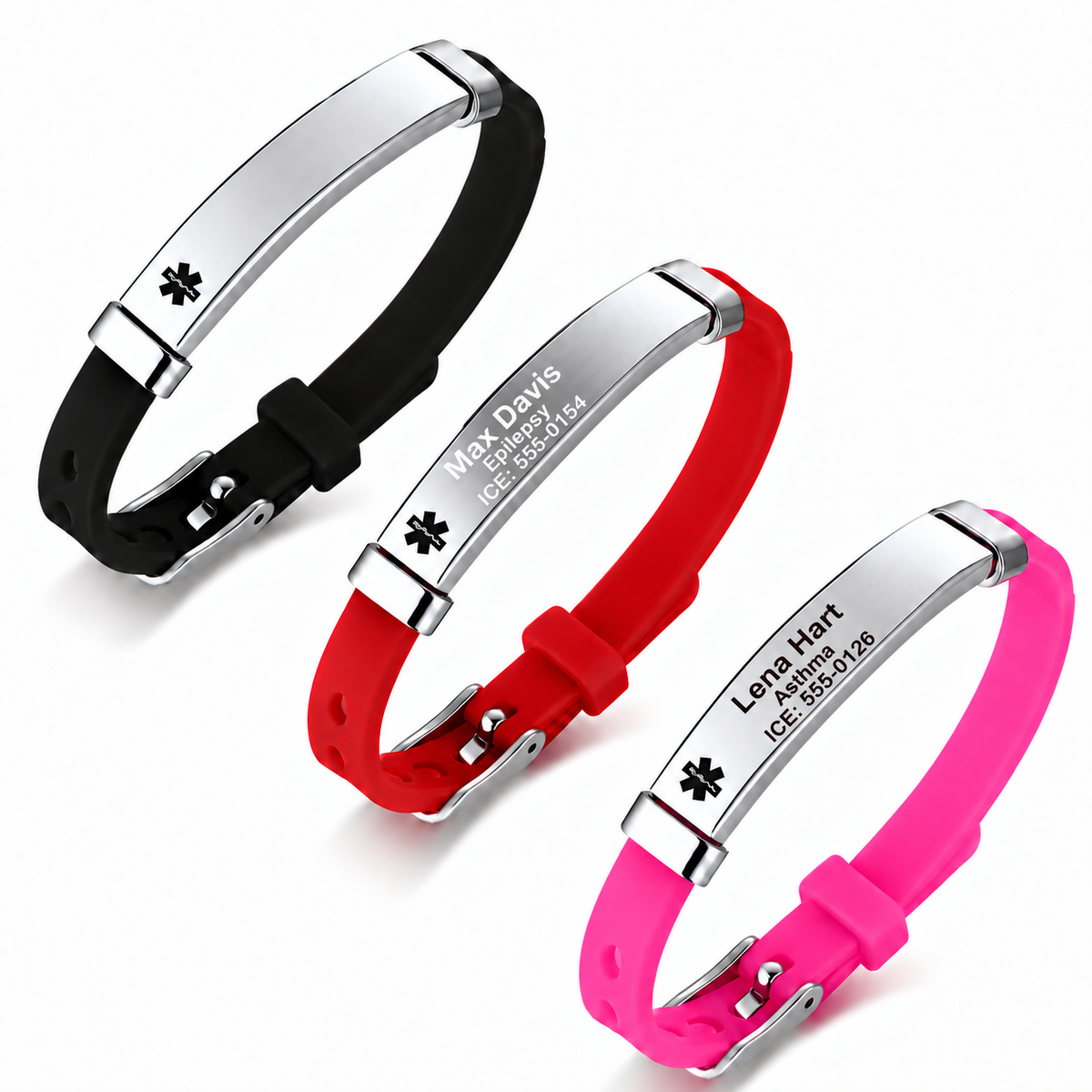 Black, red and pink slim silicone medical ID bracelets with centered red and pink engraving positioned closer to their medical symbols