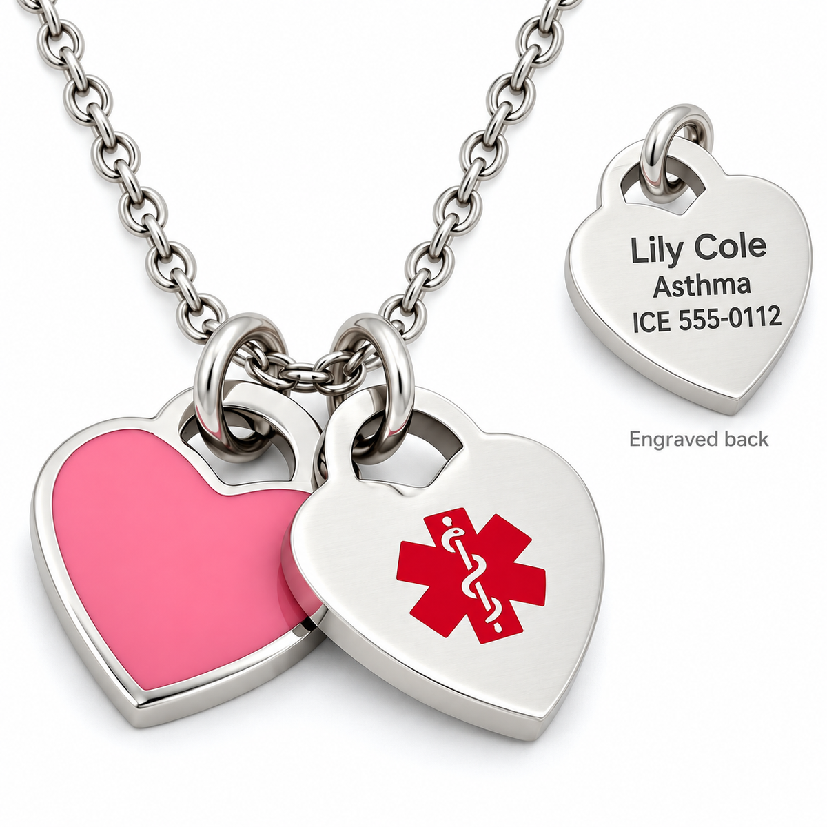 Pink enamel medical heart necklace front view with a smaller premium engraved reverse detail