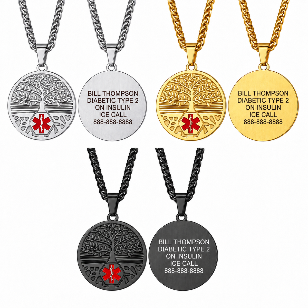 USMedID MTMIN48 silver, gold and black Tree of Life medical necklaces with dark brownish black engraving on silver and gold backs and white engraving on the black back