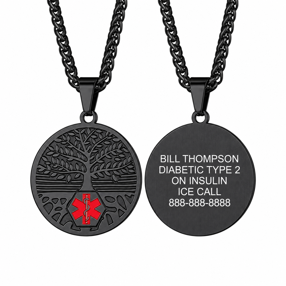 MTMIN48 black Tree of Life medical necklace, front design and back-only white premium engraving example
