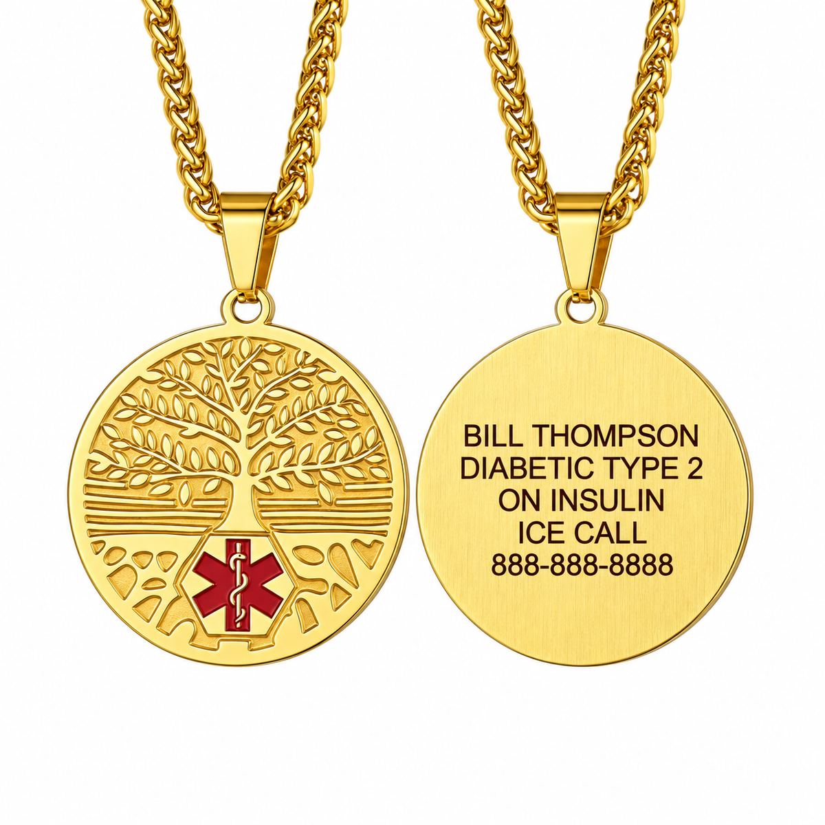 MTMIN48 gold Tree of Life medical necklace, front design and back-only dark brownish black premium engraving example