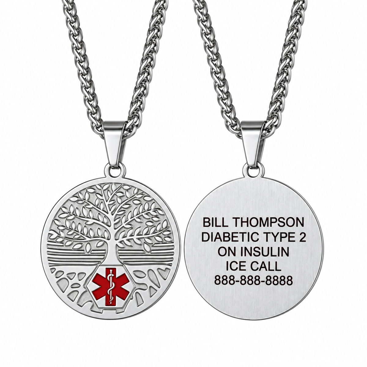 MTMIN48 silver Tree of Life medical necklace, front design and back-only dark brownish black premium engraving example