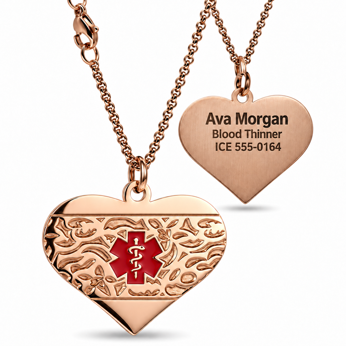 Rose gold decorative medical heart necklace with premium text engraving on its plain reverse
