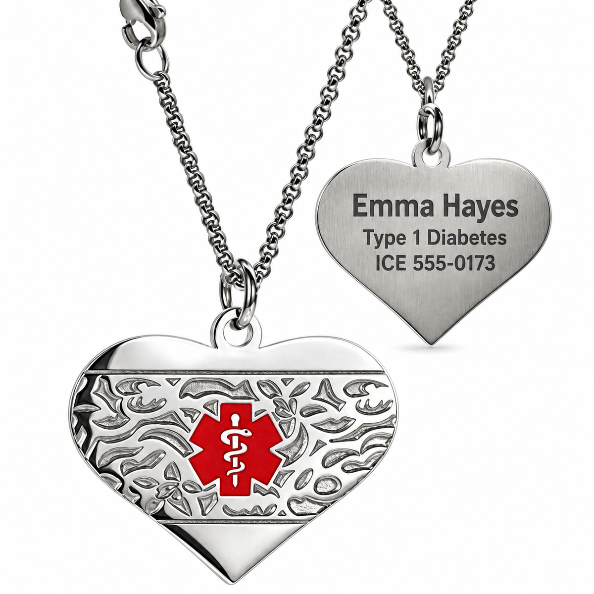 Silver decorative heart medical ID necklace with a premium laser engraving example on the reverse