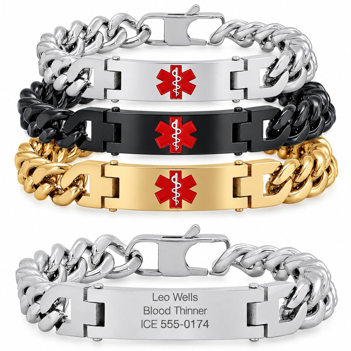 Personalized Men’s Stainless Steel Medical Alert Bracelet – Gold, Silver & Black Options – Free Back Engraving with sample engraving