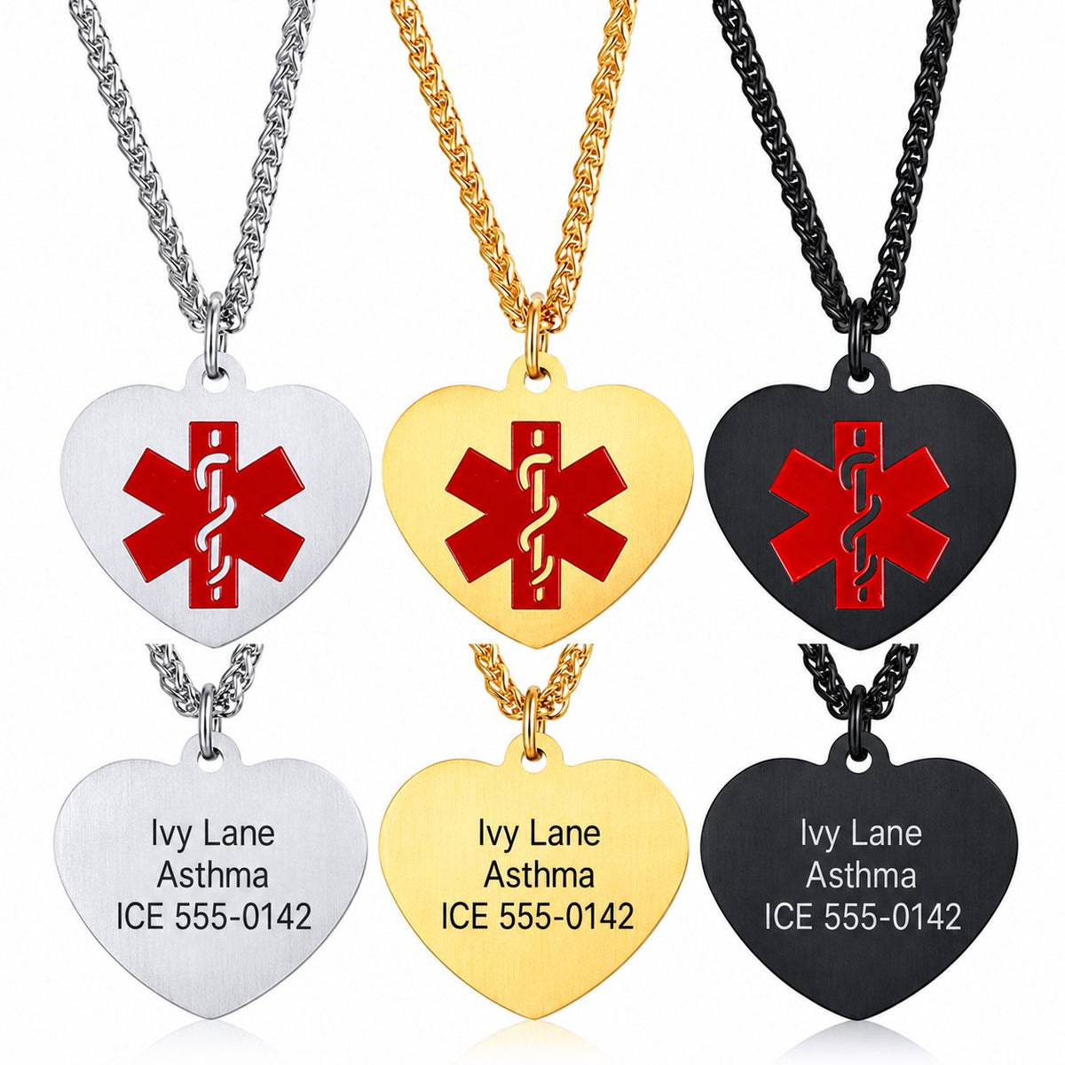 Personalized Heart Medical Alert Necklace with sample engraving