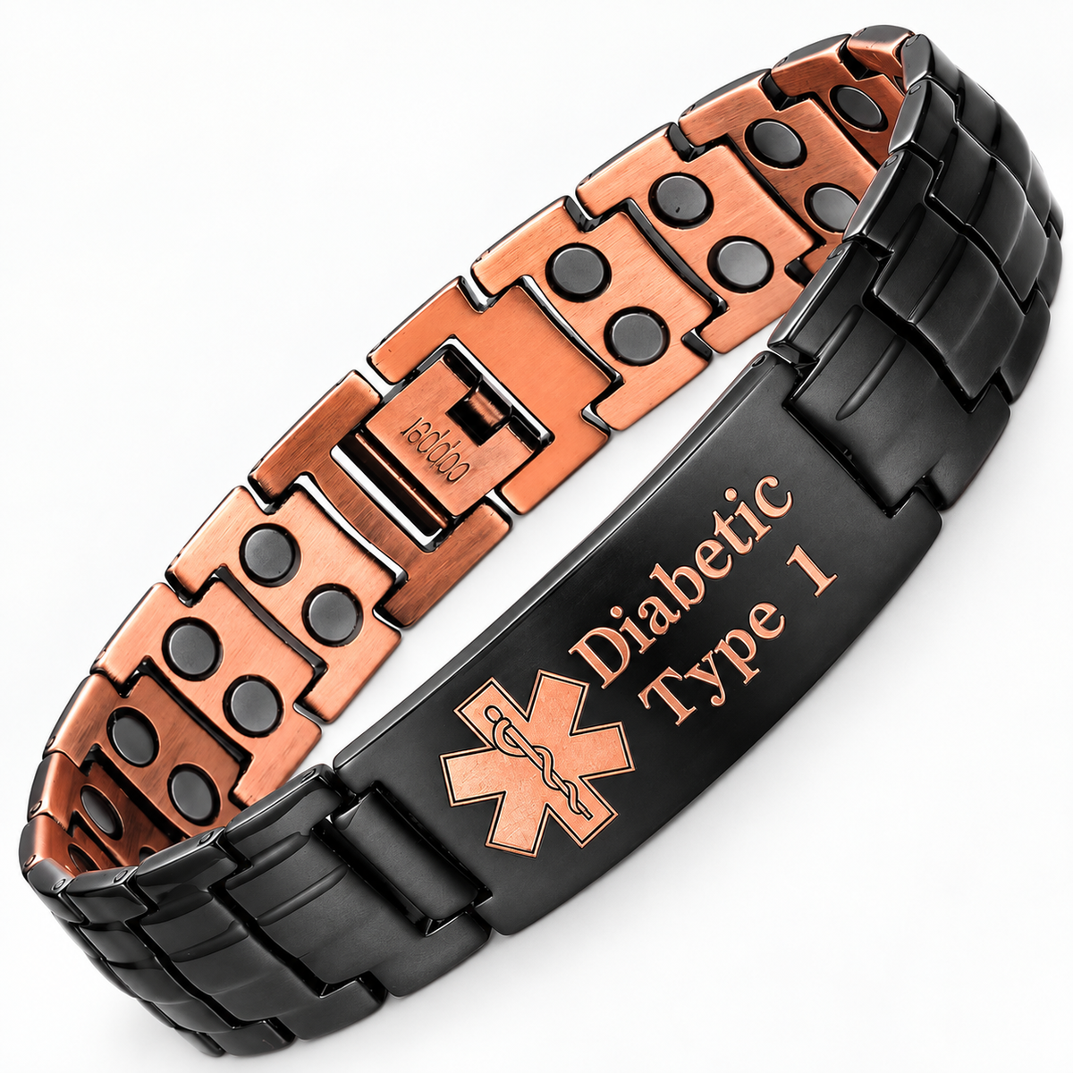 Black copper medical ID bracelet on a light whitish background