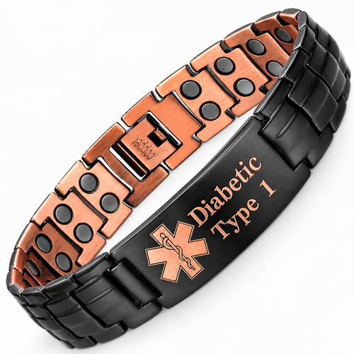 Black copper medical ID bracelet on a light whitish background