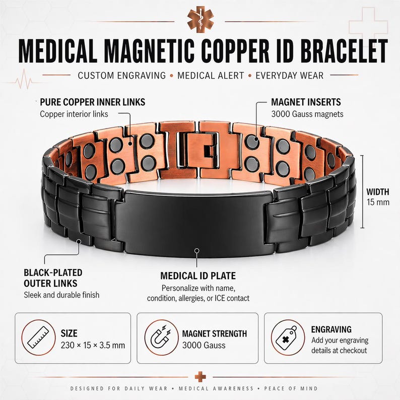 Black copper medical ID bracelet — details