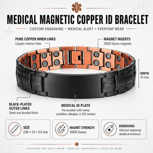 Black copper medical ID bracelet — details