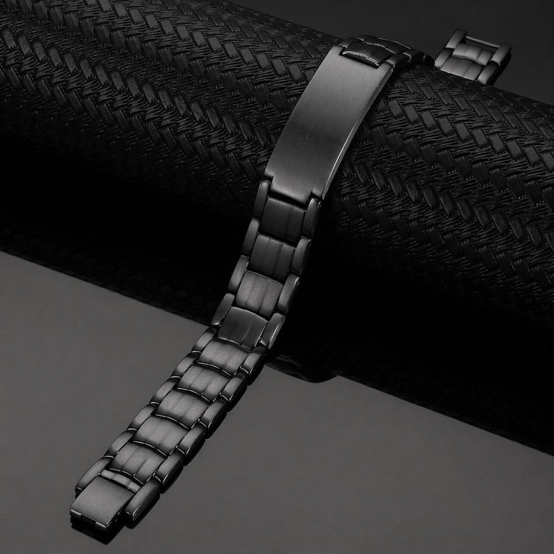 Black copper medical ID bracelet — front
