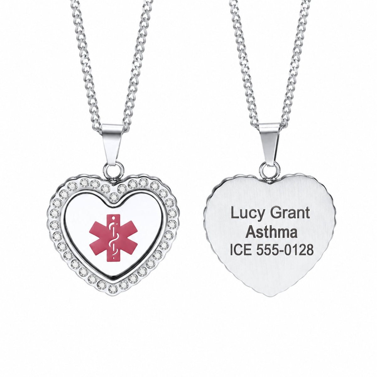 Stainless Steel Heart Medical ID Pendant Necklace with CZ - Free Engraving — original front and sample engraving on the reverse