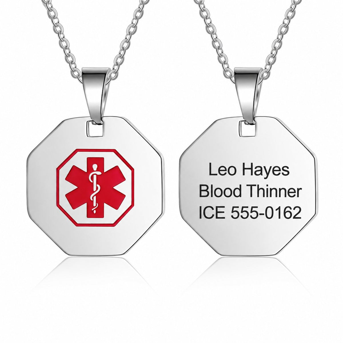 USMedID FG104276 necklace showing front design and a sample engraving on the back