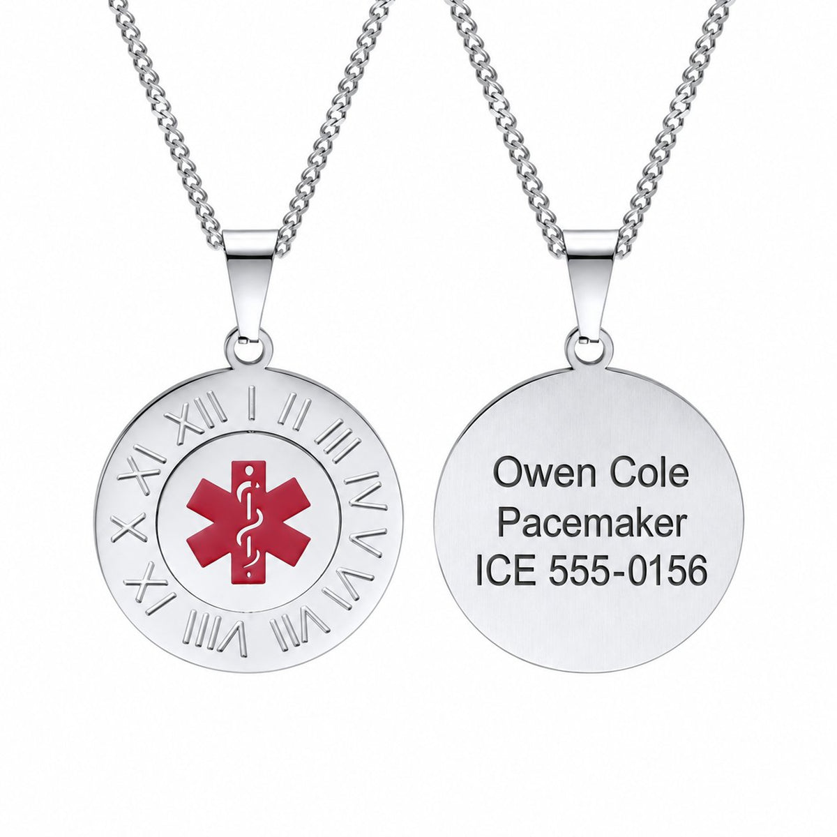 USMedID MT257R necklace showing front design and a sample engraving on the back