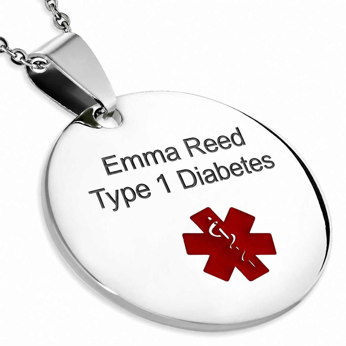 USMedID necklace with sample engraving on its front, preserving the original medical symbol