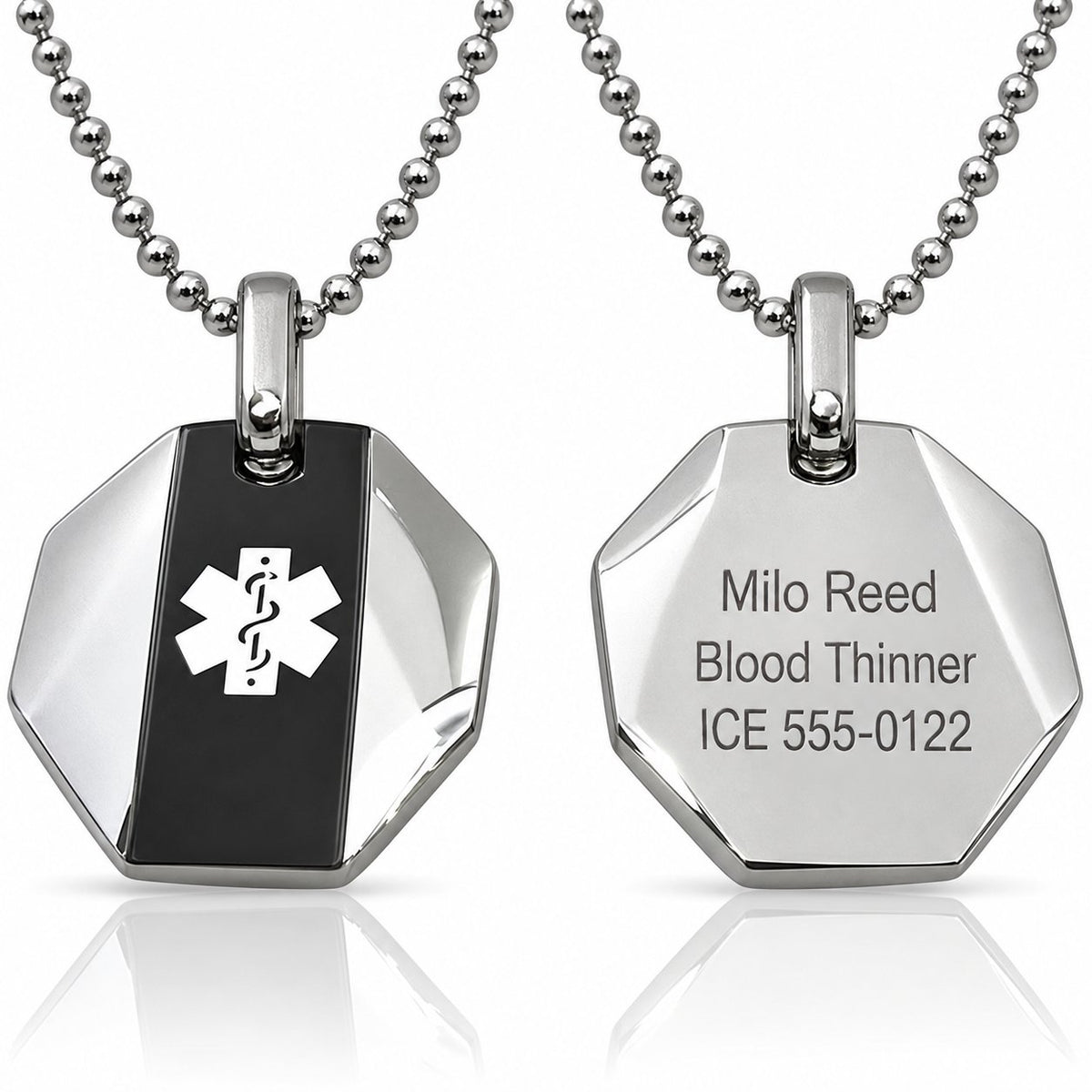 Personalized Medical Alert Necklace – Emergency ID Pendant with Chain with sample engraving
