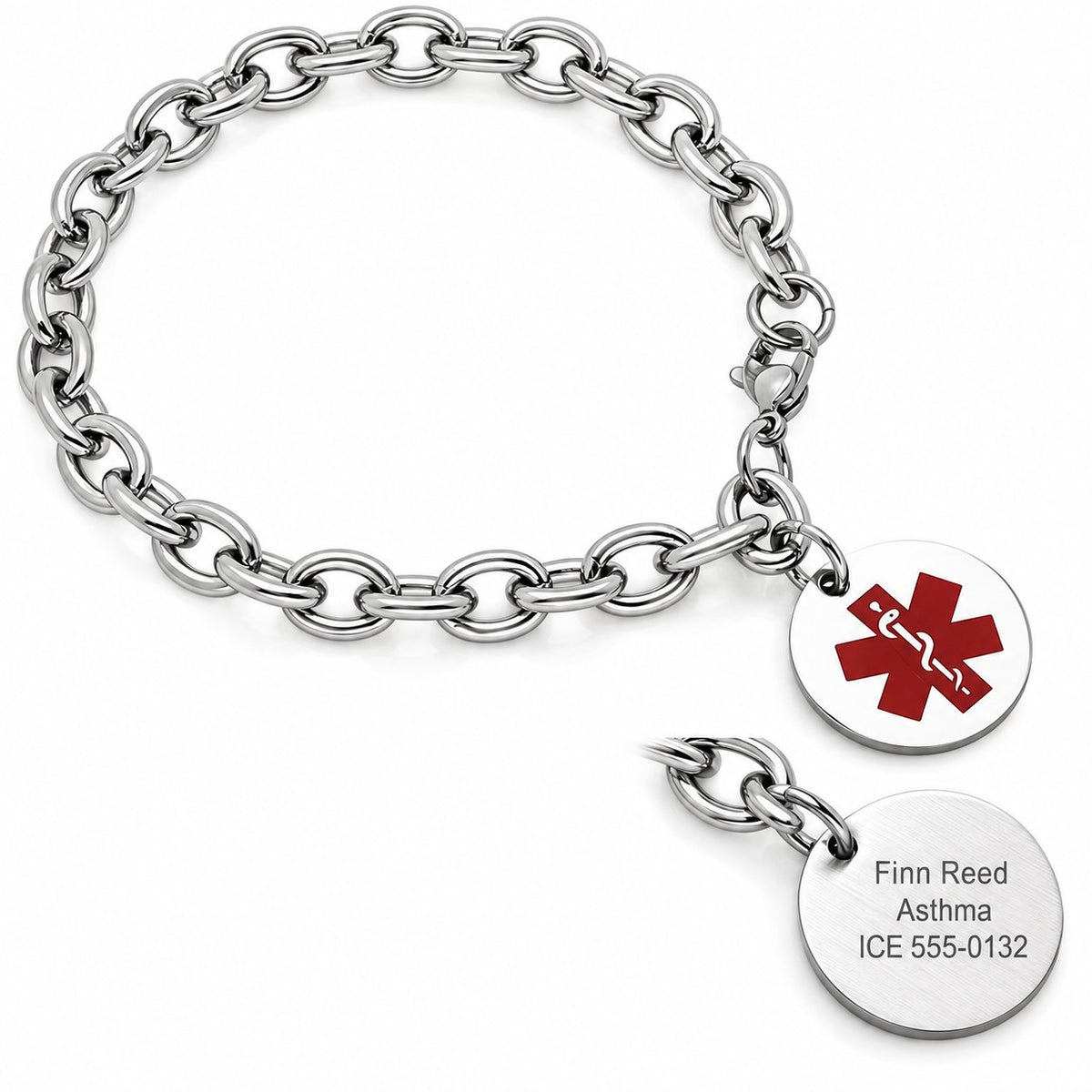 Personalized Stainless Steel Round Charm Medical Alert Bracelet with sample reverse engraving