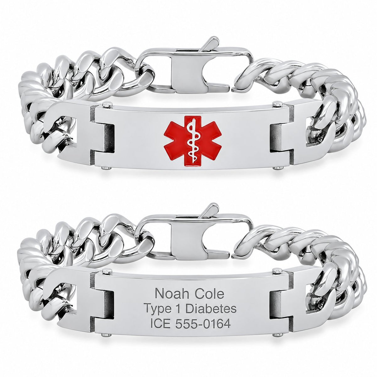 Custom Engraved Medical Alert Bracelet: Stainless Steel Cuban Link Chain with sample engraving