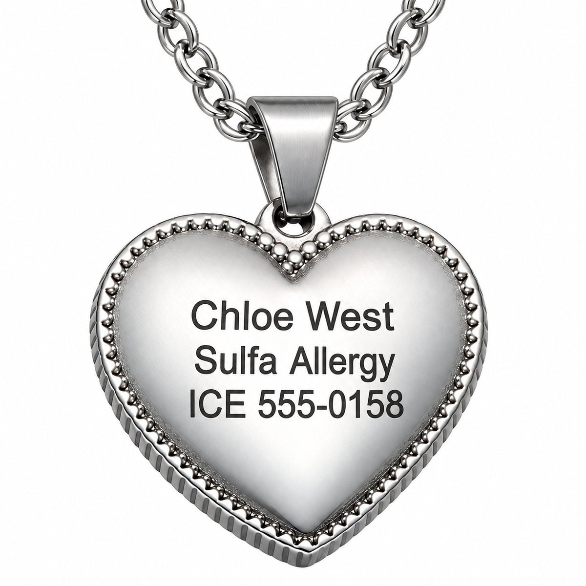 MT2869 silver beaded heart pendant, reverse with sample personalized engraving