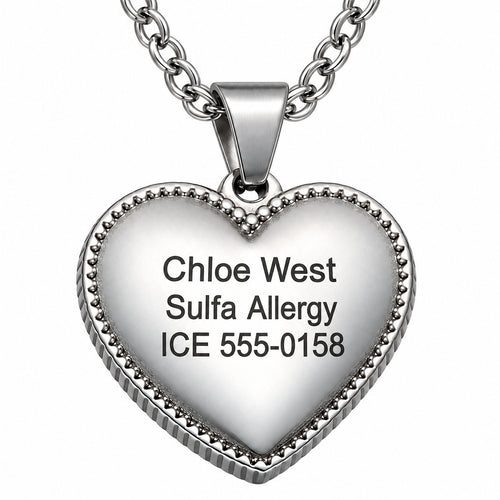 MT2869 silver beaded heart pendant, reverse with sample personalized engraving